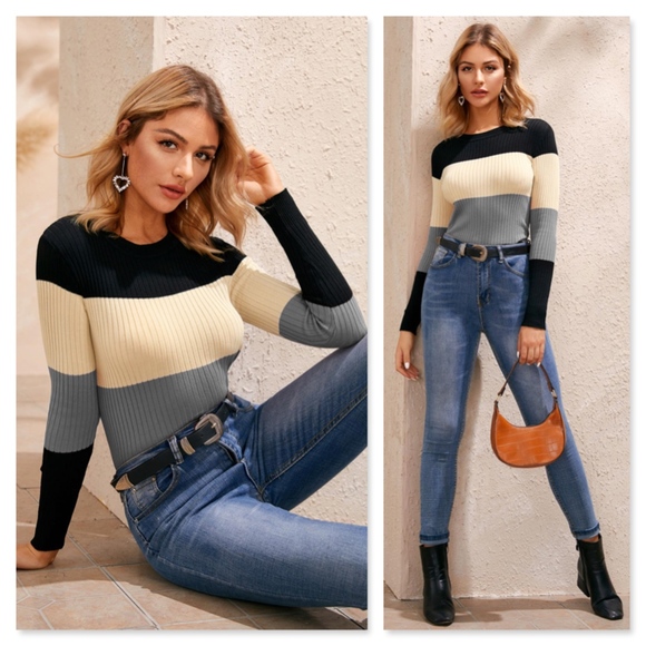 Rouge! Sweaters - Rib-Knit Color Block Sweater Top Shirt